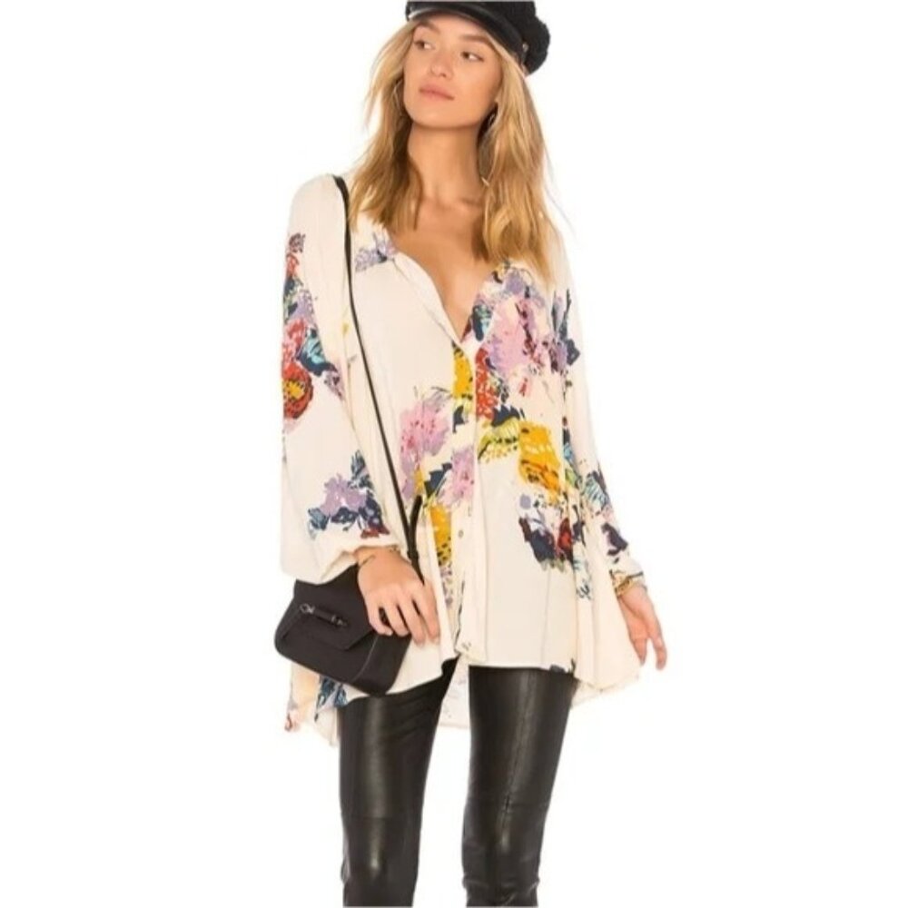 Free People meadow lark Floral Print Button-Down long sleeve Tunic top XS